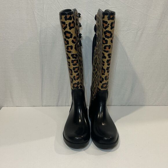 COACH “Tristee” Rubber Rain Boots Leopard Pattern w/Tie Lace Women’s Size6B - Picture 2 of 9
